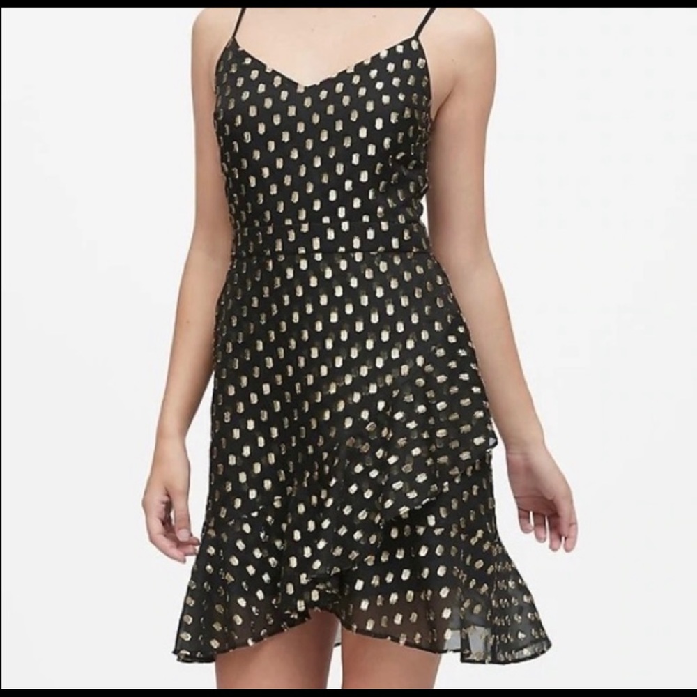 Banana republic black dress with gold polkadots